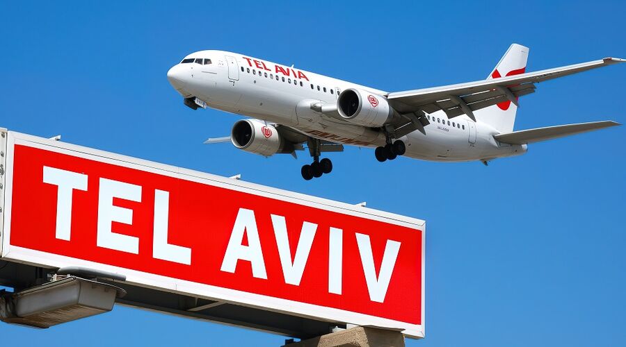 Landung eines Flugzeugs mit dem Schild TEL AVIV im Vordergrund, Ankunft in Israel, Flughafen Ben Gurion