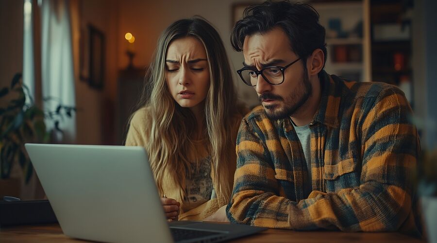 Menschen schauen zweifelnd auf den Bildschirm eines Notebooks