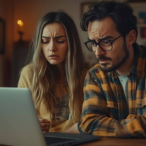 Menschen schauen zweifelnd auf den Bildschirm eines Notebooks