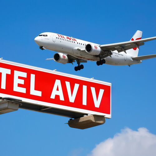 Landung eines Flugzeugs mit dem Schild TEL AVIV im Vordergrund, Ankunft in Israel, Flughafen Ben Gurion