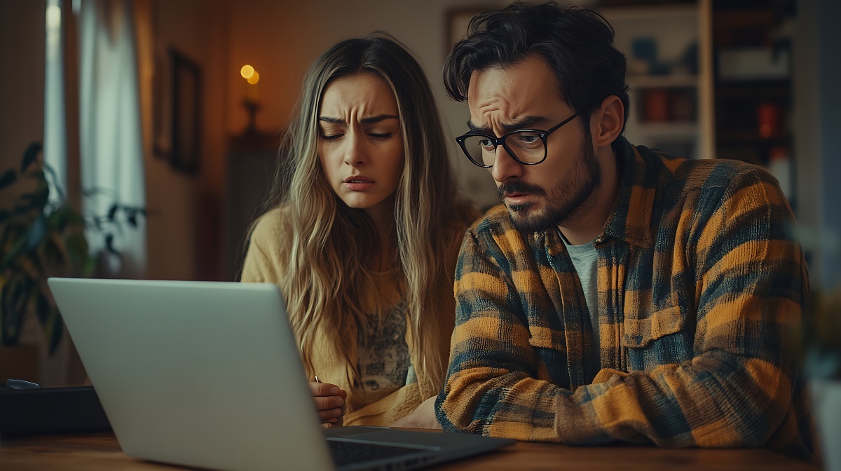 Menschen schauen zweifelnd auf den Bildschirm eines Notebooks